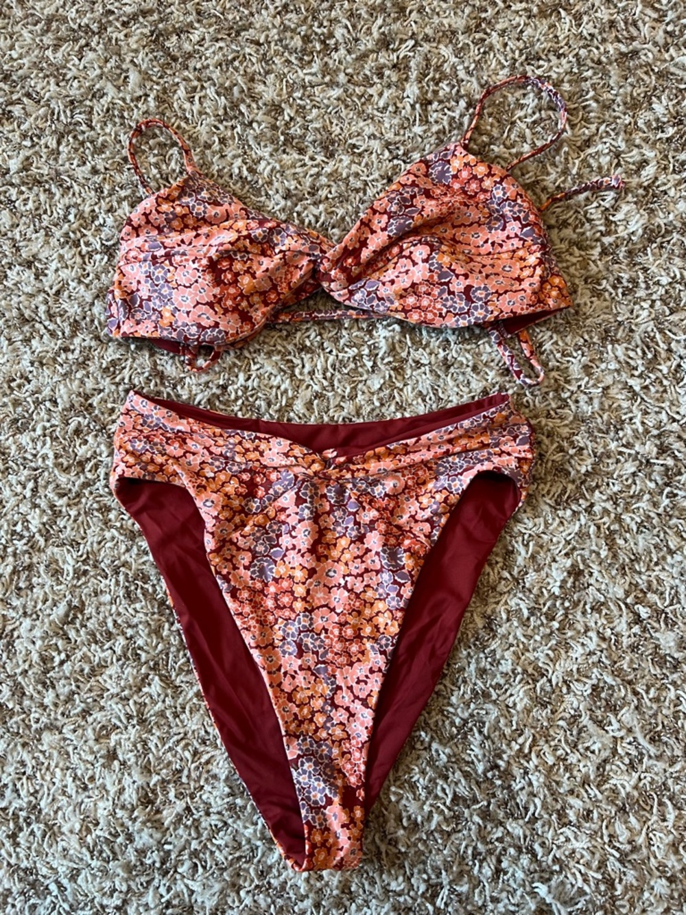 Floral Two-Piece Bikini Set in Rust and Pink